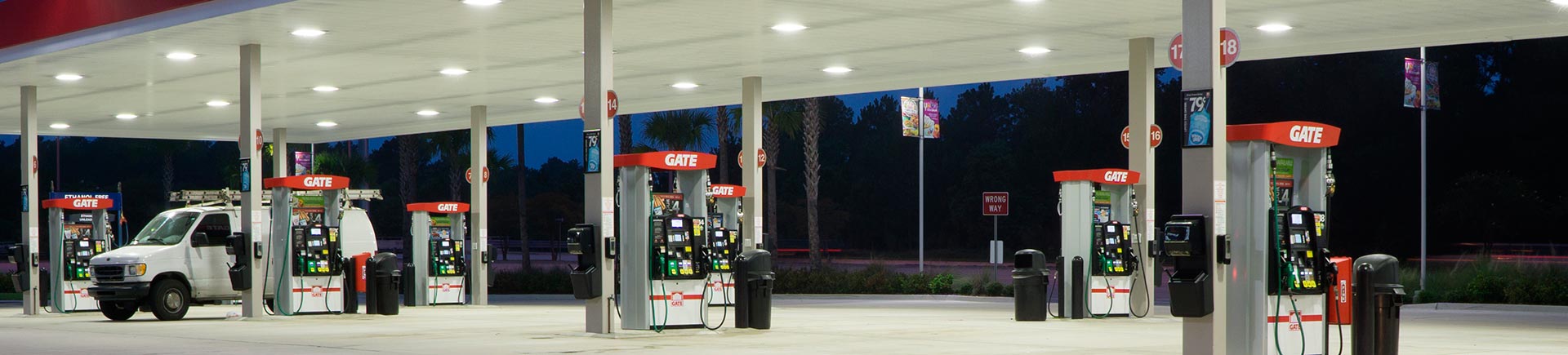 A Gate Petroleum gas station at night